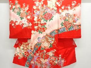 花に御所車・糸巻き模様子供着物（長襦袢・内袖付き）